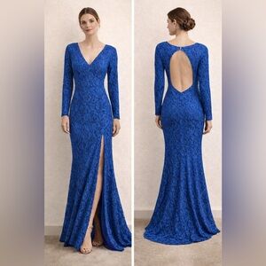 Elegant Blue Backless Lace Gown- Atria Clothing